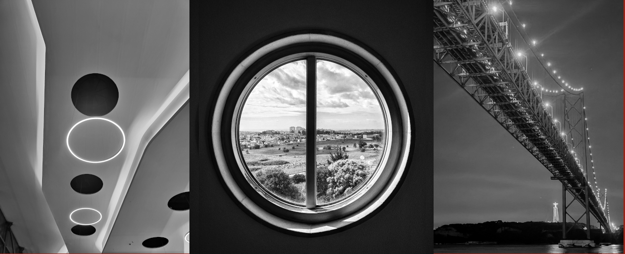 Black-and-white views of design, Lisbon, and the 25 de Abril Bridge